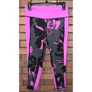 Rise‎ by LuLaRoe Womens Large Pink Black Grid Floral Mesh Pocket Leggings Active